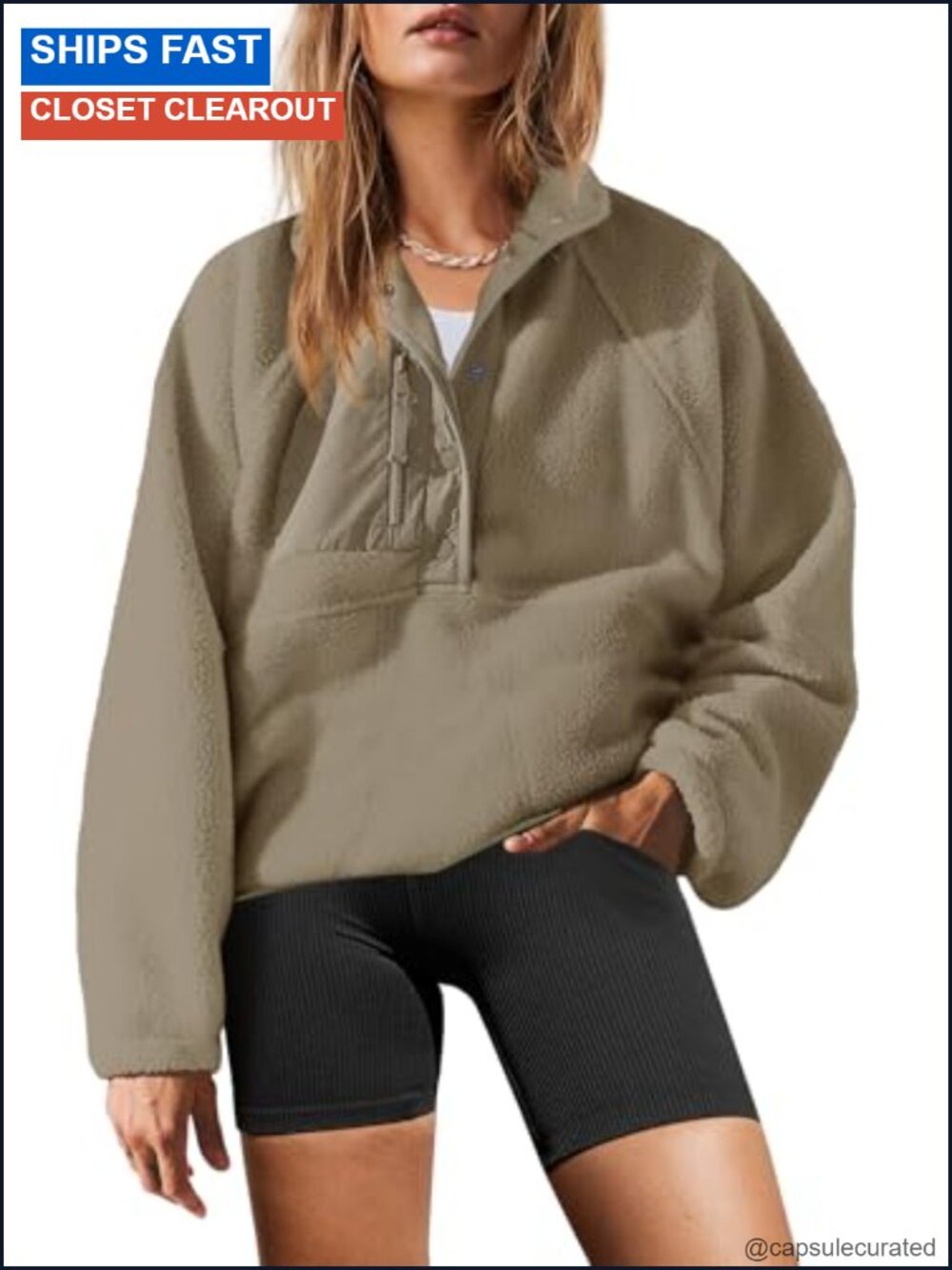 Sherpa Fleece Pullover Jacket Quarter Button Sweatshirt with Pockets